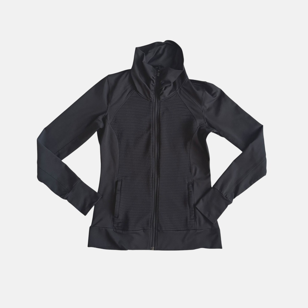 Athleta Womens Black Ribbed Textured Full Zip Jacket Thumbholes Size M